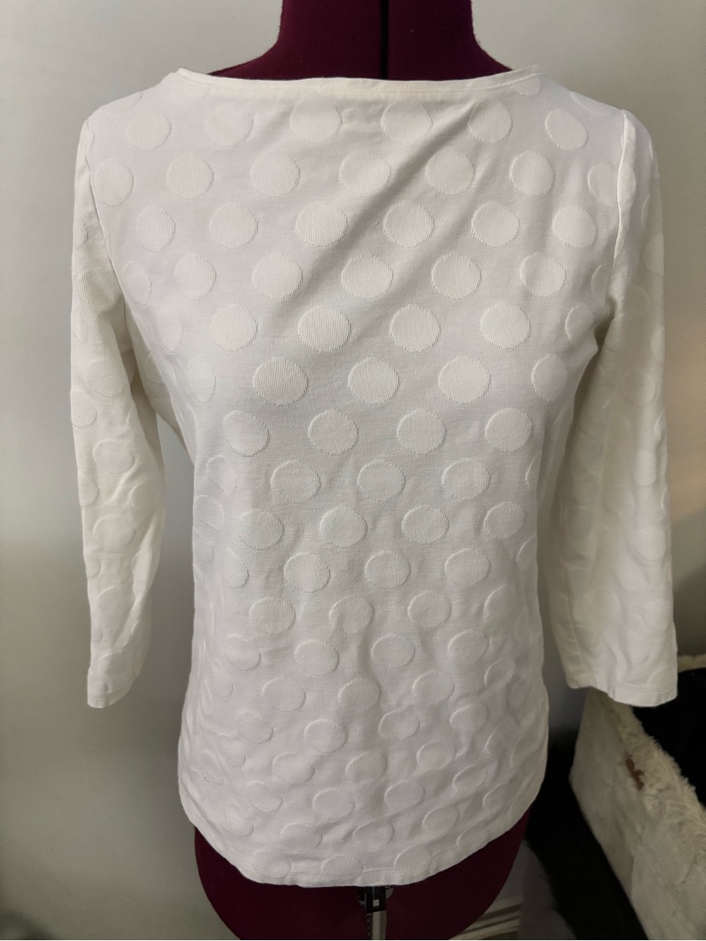 EUC Talbots white cotton bateau boatneck top with a Jacguard Dot pattern, Size S